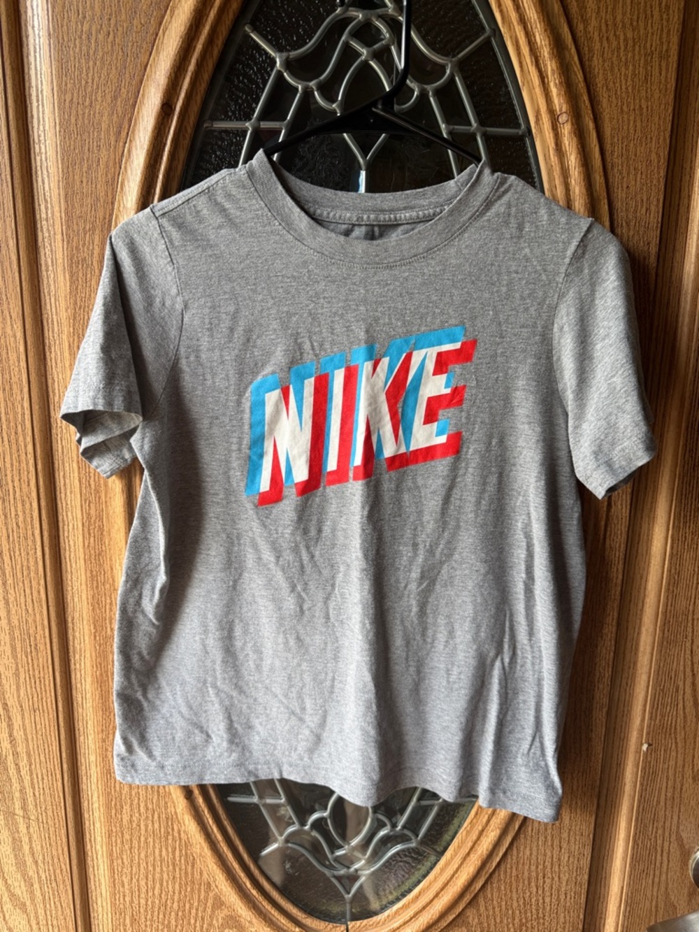 Nike Gray Short Sleeve T-Shirt with Red & Blue Logo